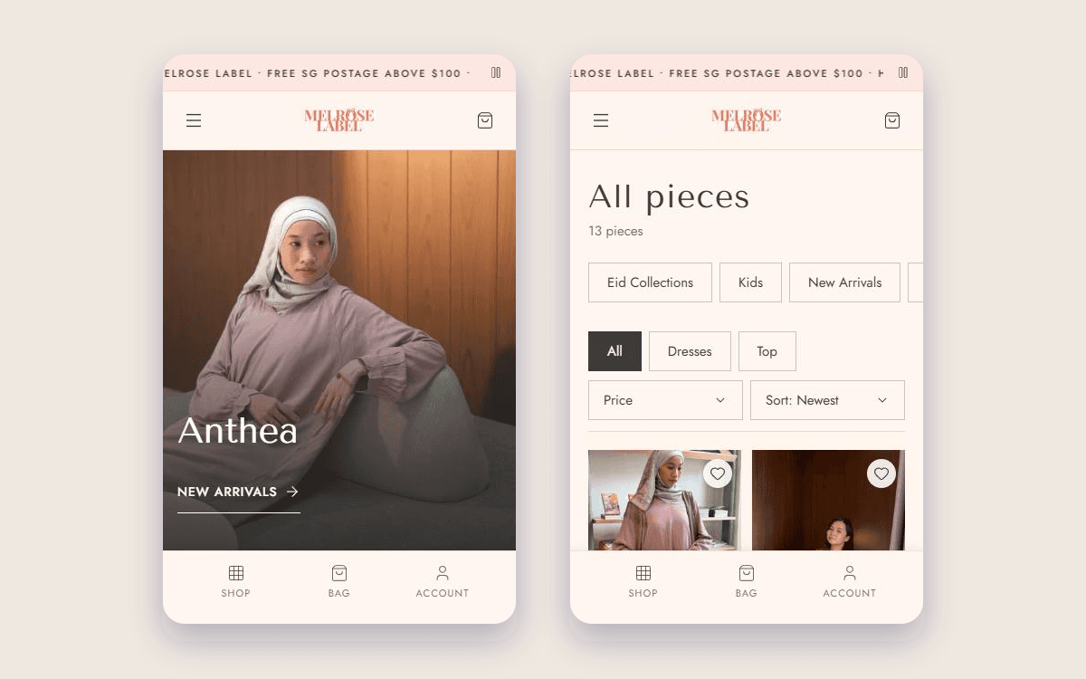 Two phone views of the Melrose Label shop side by side: the home page with the New Arrivals hero and a bottom bar for Shop, Bag and Account, and the catalogue with collection chips and filters