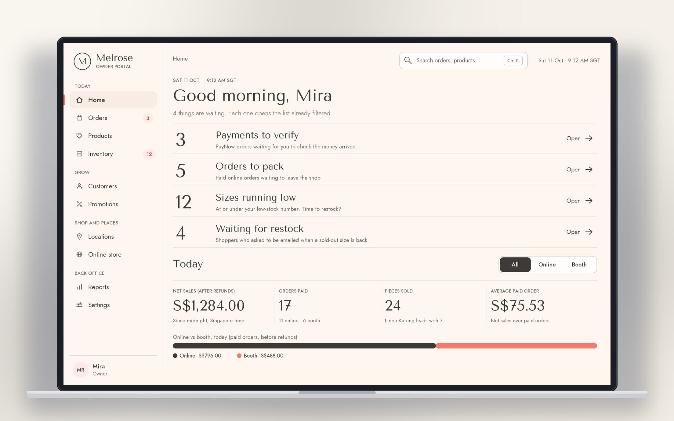Owner portal home with sample data: payments to verify, orders to pack, sizes running low and today's online and booth sales