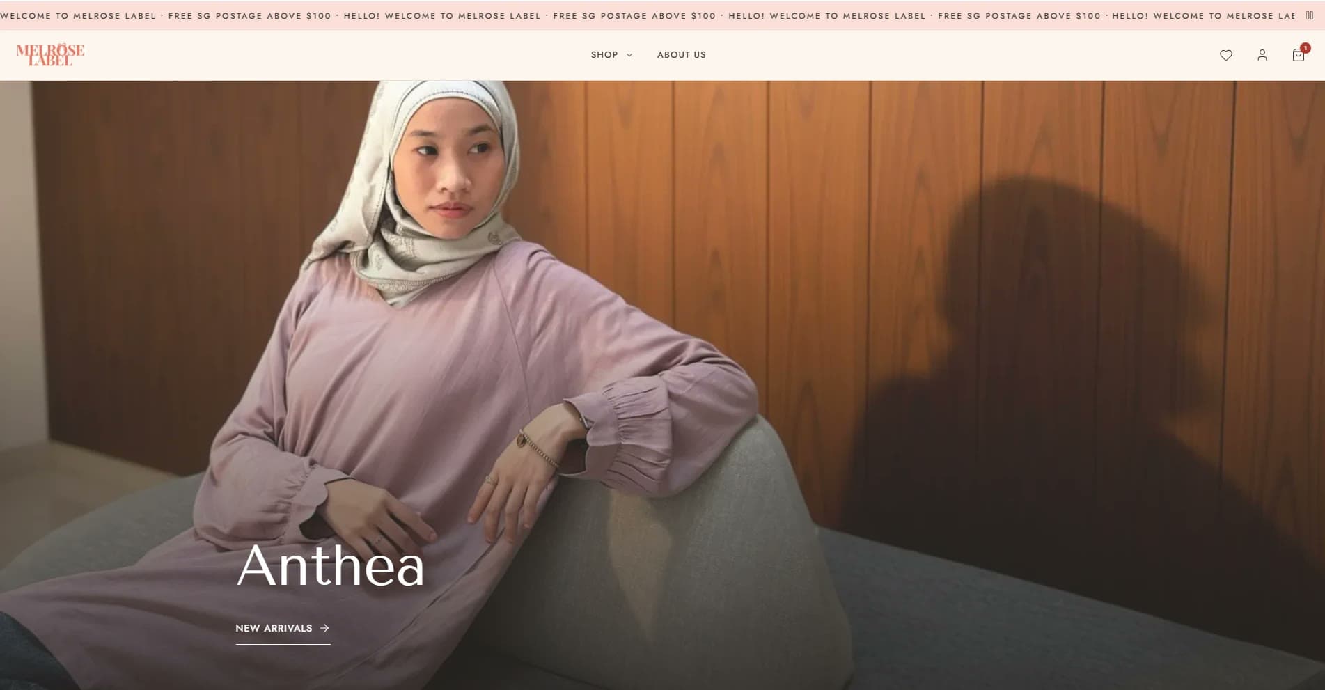 Melrose Label storefront home page: free-postage bar, Shop and About navigation and the Anthea new-arrivals banner