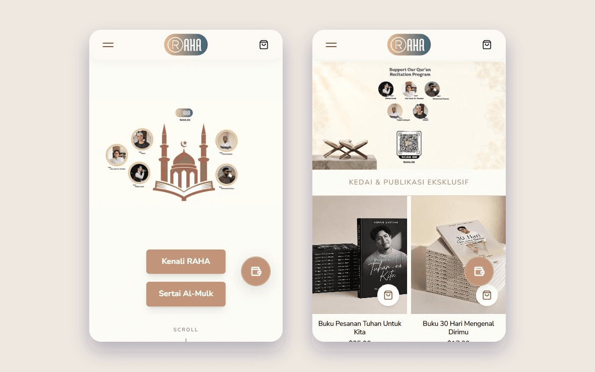 RAHA's current site on two phones: the Malay home page and the online shop