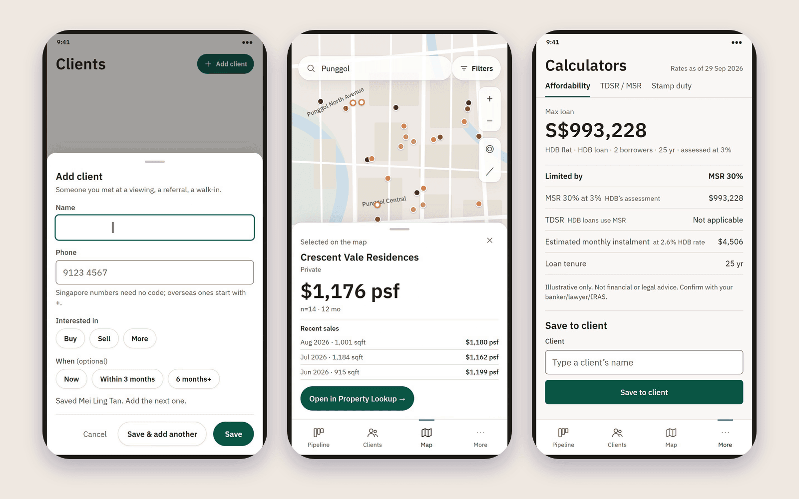 Three phone screens of the agent's CRM with demo data: the Add client sheet, the price map with a selected building at $1,176 psf, and the affordability calculator with a maximum loan and monthly instalment